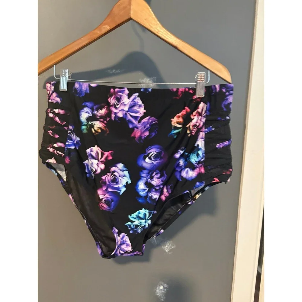 Torrid size 3 black roses floral high waist lattice side swim bottoms